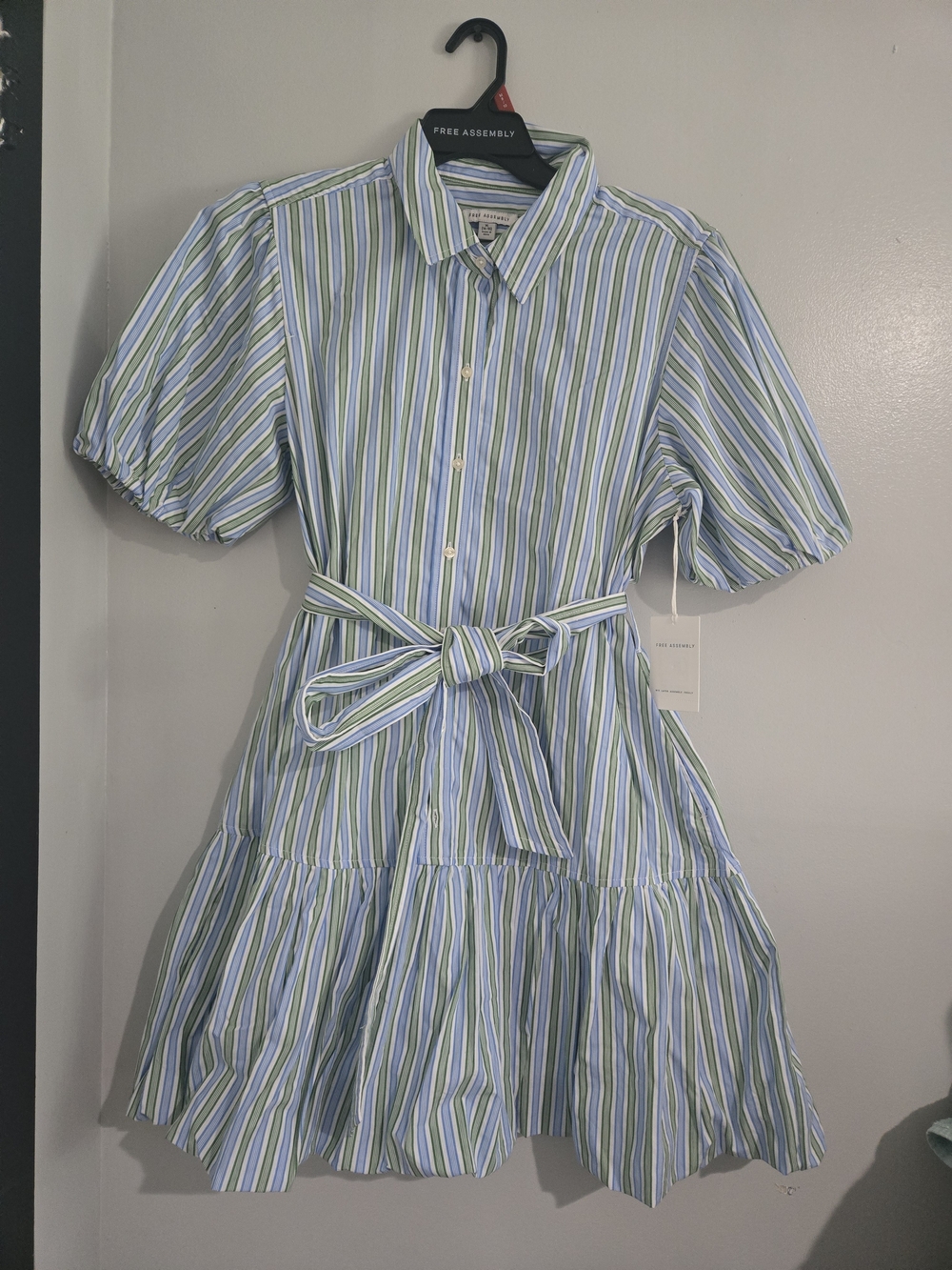 Blue and Green Striped Women's Shirt Dress with Tie Belt
